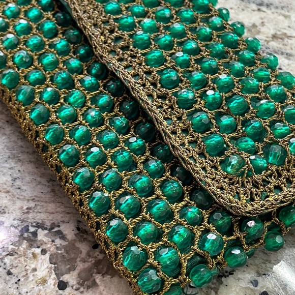 Barbara Lee Handbags - VTG 50s Barbara Lee Emerald Green Bronze Gold Beaded Clutch Purse Handbag Italy